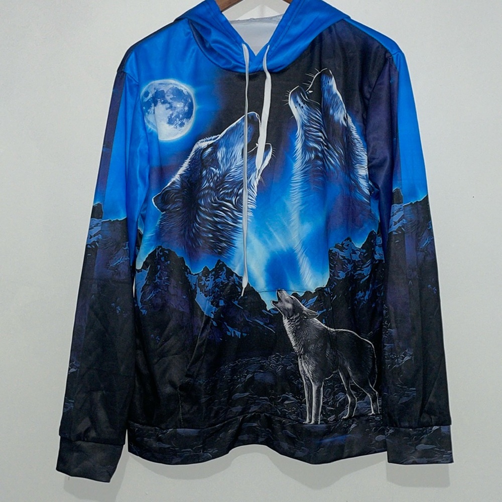 Wolf Howling Sweatshirt Pullover Sweater Hoodie 100% Polyester Mens Small